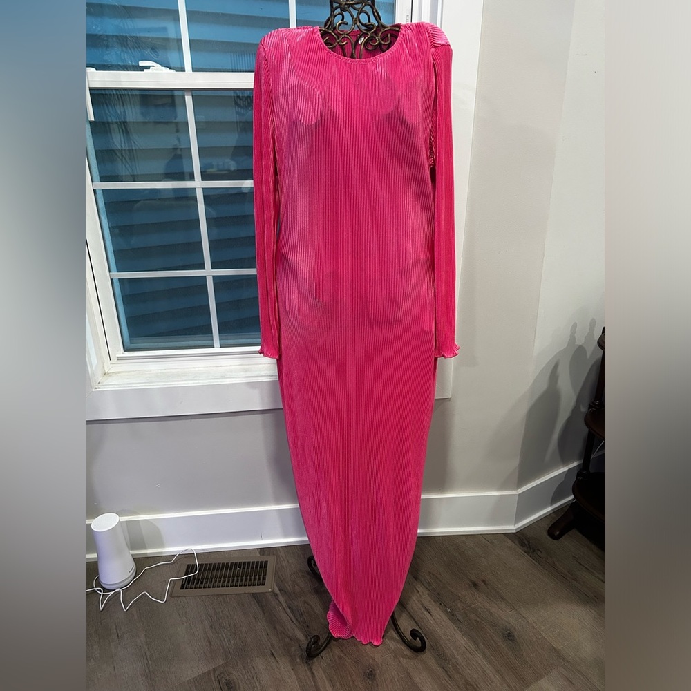 Long Sleeve Loose Dress Pleated Crew Neck Slim Bodycon Plain Casual Maxi Dresses